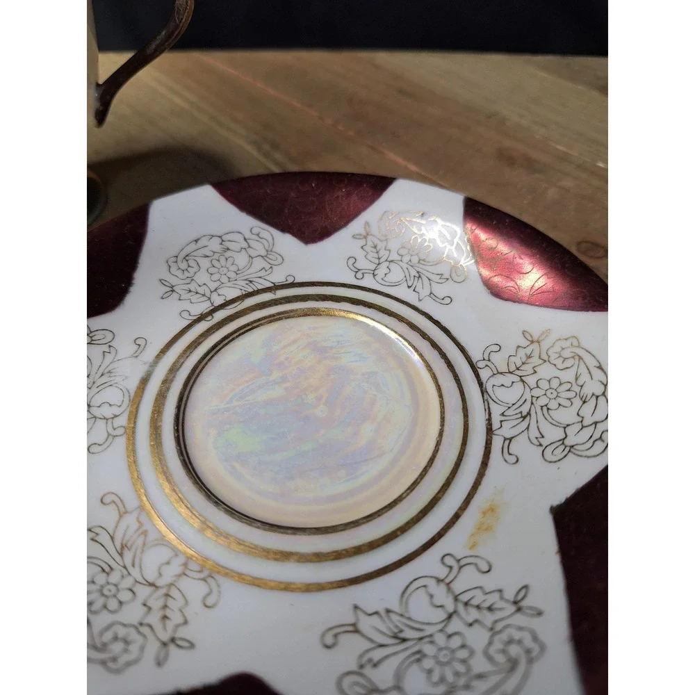 Vintage 1940's Made in Japan Lusterware Teacup and Saucer Maroon Gold Iridescent